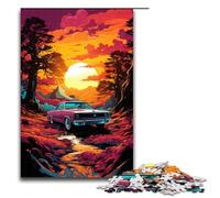 Puzzle 1000 pièces Voiture de Sport psychédélique colorée au Coucher du Soleil Puzzles pour Adultes Puzzle en Bois Jeu Familial 1000 PCS (75x50cm)