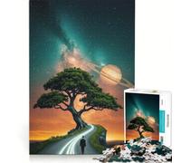 Puzzle 1000 pièces Voyage Cosmique︰ Arbre, Route et Saturne, Jeu Pratique, Difficile, Cadeau Unique pour Un Anniversaire ou Noël 38x26cm