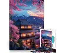 Puzzle 1000 pièces Vue du Temple en Fleurs de Cerisier Découpe précise,Jeu d'adresse mentale,Jeu Facile,Cadeau Artistique de Noël (38x52cm)