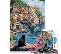 Puzzle 1000 pièces Vue d'une Ville côtière par Un Chat Jeu de Puzzle idéal pour stimuler Le Cerveau,se détendre et s'amuser Idée Cadeau de Noël (38x26cm)