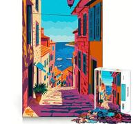 Puzzle 1000 pièces Vue mer Méditerranée Art Minimaliste Découpe Impeccable Jeu Amusant et résolveur de problèmes Jeu Gratuit Cadeau Artistique de Noël (38x52cm)
