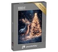 Puzzle 1000 pièces XXL « Cerf de Noël dans la forêt hivernale et Un Sapin de Noël Festif »