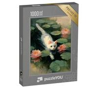 Puzzle 1000 pièces XXL « Chat Blanc nageant Parmi Les nénuphars »