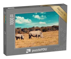 Puzzle 1000 pièces XXL « Famille de rhinocéros, mère et bébé rhinocéros Blanc, Botswana »