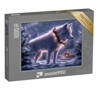 Puzzle 1000 pièces XXL « Loup de Noël à côté d’Une cabane en Bois décorée de manière Festive »
