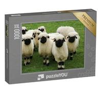 Puzzle 1000 pièces XXL « Un Troupeau de Moutons Blancs à tête Noire, Nez Noir du Valais »