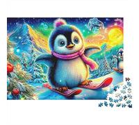 Puzzle 1000pc Ski Pingouin pour Adultes Pingouins Snowboard Arbre de Noël Neige Premium Épais Robuste Vibrant Difficile Anti-Stress Jeu Famille 52x38cm