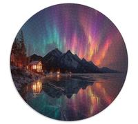 Puzzle 1000pcs (67.5x67.5cm) pour Adultes Aurores boréales Illuminate The Frozen Lake,pour Femmes Et Hommes,Planche en Bois,Verrouillage De Précision Cabane au Bord du lac