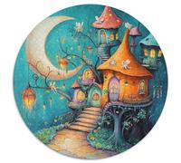 Puzzle 1000pcs (67.5x67.5cm) pour Adultes Croissant de Lune, Village féerique Magique,pour Femmes Et Hommes,Planche en Bois,Verrouillage De Précision Tour Champignon
