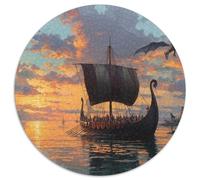 Puzzle 1000pcs (67.5x67.5cm) pour Adultes Drakkars Vikings naviguant sur Les Mers, Dragons, Villages,pour Femmes Et Hommes,Planche en Bois,Verrouillage De Précision