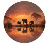 Puzzle 1000pcs (67.5x67.5cm) pour Adultes Three Éléphants Walking in The Water at Coucher de Soleil,pour Femmes Et Hommes,Planche en Bois,Verrouillage De Précision