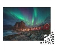 Puzzle 1000pcs (75x50cm) pour Adultes Coastal Village in Îles Lofoten, Norvège,pour Femmes Et Hommes,Planche en Bois,Verrouillage De Précision Aurores boréales