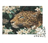 Puzzle 1000pcs (75x50cm) pour Adultes Léopard Mignon Parmi Les Fleurs de Jasmin,pour Femmes Et Hommes,Planche en Bois,Verrouillage De Précision