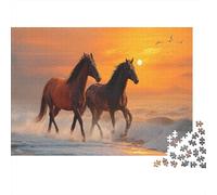 Puzzle 1000pcs (75x50cm) pour Adultes Magnifiques Chevaux au Galop,pour Femmes Et Hommes,Planche en Bois,Verrouillage De Précision Coucher de Soleil sur la mer