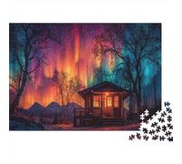 Puzzle 1000pcs (75x50cm) pour Adultes Northern Lights, The Cabin is Warmly Lit,pour Femmes Et Hommes,Planche en Bois,Verrouillage De Précision