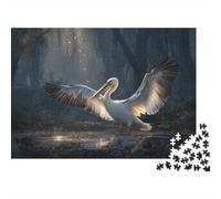 Puzzle 1000pcs (75x50cm) pour Adultes Pélican Blanc géant dans la forêt Sombre,pour Femmes Et Hommes,Planche en Bois,Verrouillage De Précision