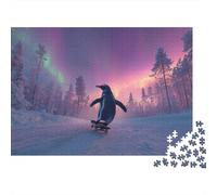 Puzzle 1000pcs (75x50cm) pour Adultes Pingouin Skateboarding on The Snow Track Under The Aurores boréales,pour Femmes Et Hommes,Planche en Bois,Verrouillage De Précision