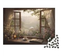Puzzle 1000pcs (75x50cm) pour Adultes Vue Depuis la fenêtre d'un Cottage Anglais,pour Femmes Et Hommes,Planche en Bois,Verrouillage De Précision Wooden Frame Fenêtre
