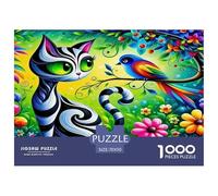 Puzzle 1000pcs Chat Mignon pour Adultes Chat stylisé et Perroquet Fleuri, idéal pour Toute la Famille (Femmes et Hommes), 70x50 cm/1000pcs