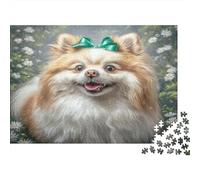 Puzzle 1000pcs Chien Mignon Chiot Joyeux avec nœud Papillon Vert, Jeu éducatif et décompressant pour Adultes et Adolescents, 38x26 cm/1000pcs