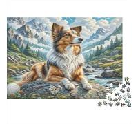 Puzzle 1000pcs représentant Un Berger Polonais des Plaines Collie sur Un Rocher au Bord d'un ruisseau. Cadeau et activité Amusants pour Adultes et Enfants. À partir de 12 Ans. 38x26 cm/1000pcs.