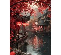 Puzzle 120 pièces Maisons de Paysage Rouges Puzzles pour Adultes Jeux d'activités Familiales,Puzzle à Faire Soi-même pour Décoration Murale de la Maison