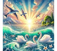 Puzzle 150 Pièces Adultes Coucher de Soleil mer cygnes 65x65cm 150 pièces Puzzles pour Adultes Jeu éducatif défi Jouet, Puzzle Impossible pour Toute la Famille