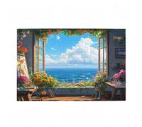 Puzzle 1500 Pieces Rebord de Fenêtre Puzzle Océan 1500 Pièces Grand Adultes Difficile Jigsaw en Bois avec Boîte Cadeau, DIY Challenge Impossible Créatif Jeu pour Adulte, Cadeau Femme 87x57cm D-77