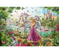 Puzzle 200 Pieces Licorne Blanche avec la Bonne fee dans la Foret - Set Puzzle Enfant Monde feerique avec Carte Animal