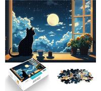 Puzzle 2000 pièces pour Adolescents Chat Noir d'anime Devant la fenêtre, Jeux éducatifs avec Affiche et Feuille de Questions correspondantes 70x100cm