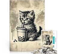 Puzzle 2000 pièces pour Adolescents Chaton avec du thé Boba Jouets éducatifs d'apprentissage Jeu de défi Unique 70x100cm