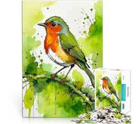 Puzzle 2000 pièces pour Adultes Aquarelle Rouge-Gorge sur Une Branche Impossible avec des pièces de Formes aléatoires entièrement imbriquées 70x100cm