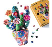 Figured'Art Puzzle en Bois Adulte et Enfant 200 pièces - Cactus Fleuri en Pot - Design Original 25,4x35,5 cm Forme Unique avec Coffret en Bois Premium, Parfait pour Offrir en Cadeau