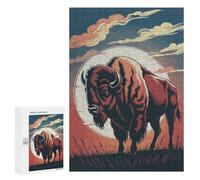 Puzzle 300 PCS American Bison Illustration with Sunset Backdrop Puzzles pour Adultes, Jouet, Décoration Murale, Difficile, Difficile, Cadeaux Uniques pour Anniversaire Et Noël 300 PCS