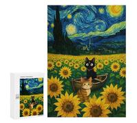 Puzzle 300 PCS Cats Sunflower Starry Night Puzzles pour Adultes, Jouet, Décoration Murale, Difficile, Difficile, Cadeaux Uniques pour Anniversaire Et Noël 300 PCS