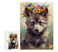 Puzzle 300 PCS Floral Wolf Cub Art Print Puzzles pour Adultes - Cadeau d'anniversaire - Jeu Difficile Et Stimulant - Cadeaux