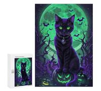 Puzzle 300 PCS Halloween Black Cat with Moon Puzzles pour Adultes - Cadeau d'anniversaire - Jeu Difficile Et Stimulant - Cadeaux