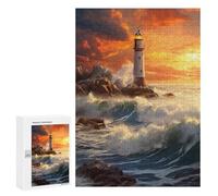 Puzzle 300 PCS Lighthouse Sunset Ocean Waves Puzzles pour Adultes - Cadeau d'anniversaire - Jeu Difficile Et Stimulant - Cadeaux