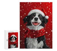 Puzzle 300 PCS pour Adolescentes Border Collie with Santa Hat Smiling Christmas Dog Print Puzzle pour Adultes, Jouet, Décoration Murale, Cadeaux pour Femmes, Cadeaux Uniques pour Anniversaire Et Noël