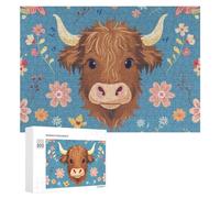 Puzzle 300 PCS pour Adolescentes Cute Highland Cow Floral Background Puzzles pour Adolescentes Jeux Amusants Assemblage De Motifs Aide À Exercer Le Cerveau 300 PCS