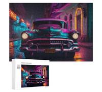 Puzzle 300 PCS pour Adolescentes Neon Nights Vintage Car in Colorful Street Scene Puzzles pour Adolescentes Jeux Amusants Assemblage De Motifs Aide À Exercer Le Cerveau 300 PCS