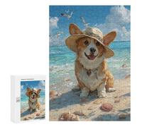 Puzzle 300 PCS pour Adolescents Beach Corgi with Hat-1 Puzzle pour Adolescents Améliore La Mémoire Défi À Compléter Amusant en Famille Et Soirée Jeux 300 PCS