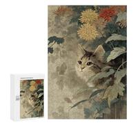 Puzzle 300 PCS pour Adolescents Cat Among Chrysanthemums Vintage Art Puzzles pour Adultes Jeux De Détente Décoration Intérieure Cadeaux Uniques pour Anniversaire Et Noël 300 PCS