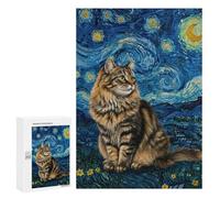 Puzzle 300 PCS pour Adolescents Cat in Starry Night Style Puzzles pour Adultes Jeu Familial Décoration Intérieure pour Anniversaire, Noël 300 PCS
