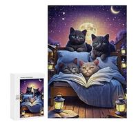 Puzzle 300 PCS pour Adolescents Cats Reading Under Moonlight Puzzle pour Adultes Jeu De Réflexion, Analyse Et Logique, Idéal comme Cadeau 300 PCS