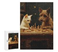 Puzzle 300 PCS pour Adolescents Chess Playing Cat and Dog Puzzle Jeux De Famille Assemblage De Motifs Cadeaux Uniques pour Anniversaire Et Noël 300 PCS