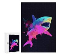 Puzzle 300 PCS pour Adolescents Colorful Shark Illustration on Black Background Jeux De Puzzle Relaxants, Défi Difficile, Cadeaux Uniques pour Anniversaire Et Noël 300 PCS