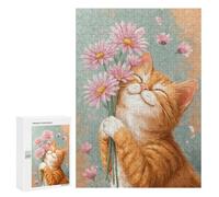 Puzzle 300 PCS pour Adolescents Cute Cat with Flowers Puzzle pour Adolescents Améliore La Mémoire Défi À Compléter Amusant en Famille Et Soirée Jeux 300 PCS