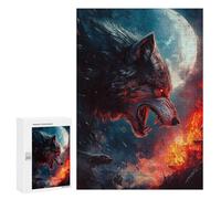 Puzzle 300 PCS pour Adolescents Fiery Wolf Under Full Moon Puzzle pour Adultes Jeux Relaxants Décoration Parfaite, pour Toute La Famille 300 PCS