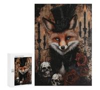 Puzzle 300 PCS pour Adolescents Gothic Fox in Top Hat with Roses and Skulls Puzzles pour Adultes Jeux De Détente Décoration Intérieure Cadeaux Uniques pour Anniversaire Et Noël 300 PCS